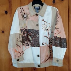 Indigo Moon Button Down Patchwork Jacket with Floral Embroidery